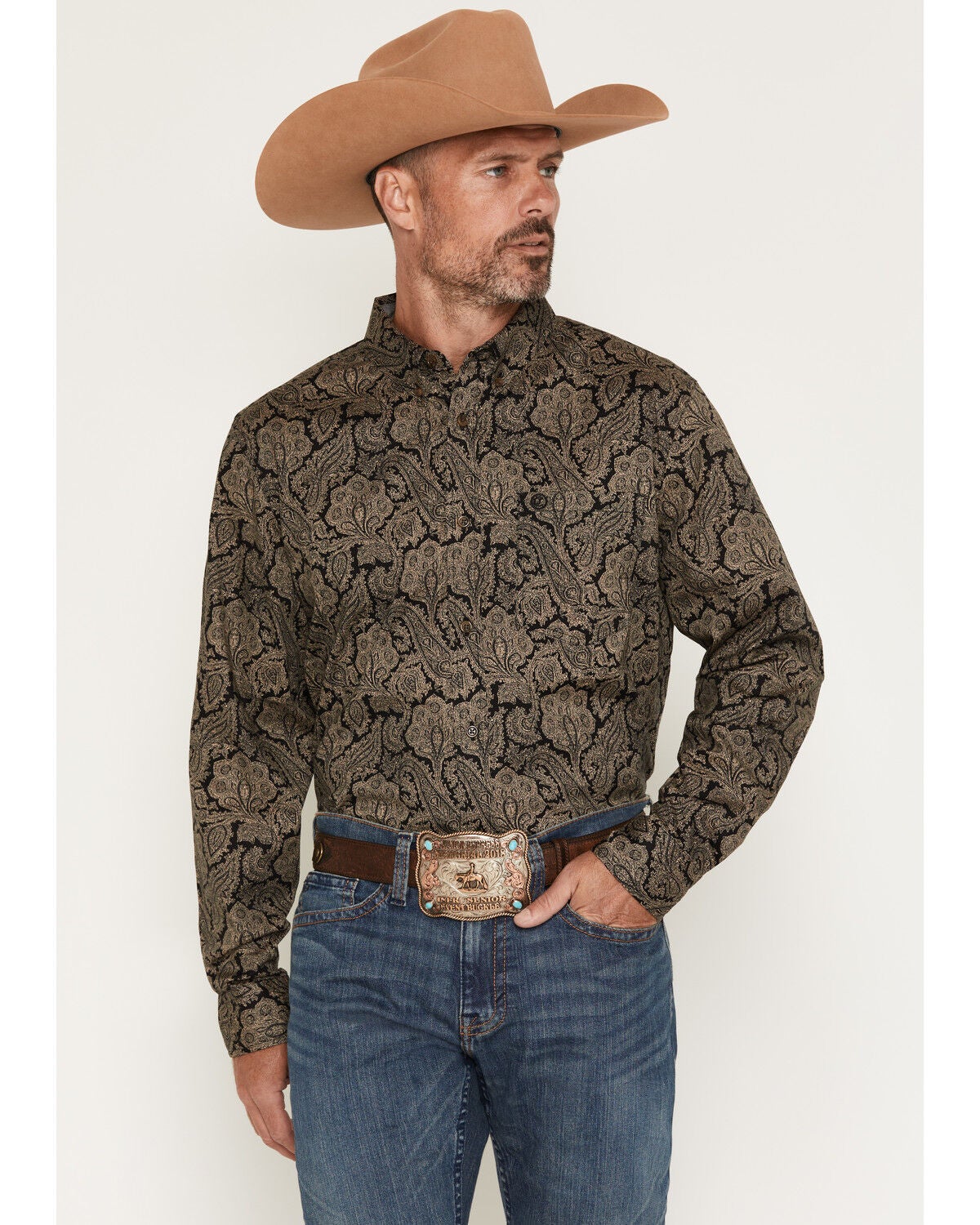 Cody James Men's Botanical Paisley Print Long Sleeve Button-Down Stretch Western Shirt, Khaki, hi-res