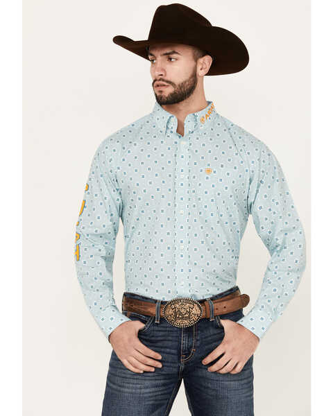 Ariat Men's Team Colton Geo Print Long Sleeve Button-Down Western Shirt , Aqua, hi-res