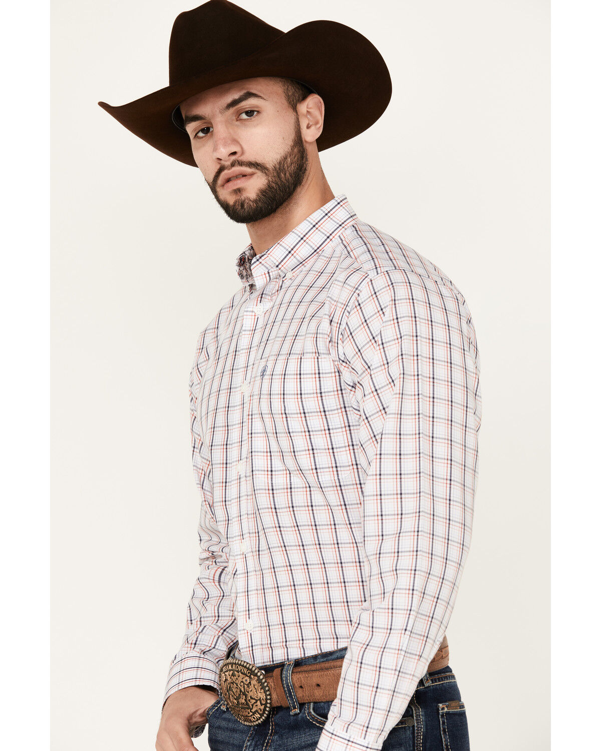 Image #2 - Ariat Men's Weston Windowpane Plaid Print Long Sleeve Button-Down Western Shirt, White, hi-res