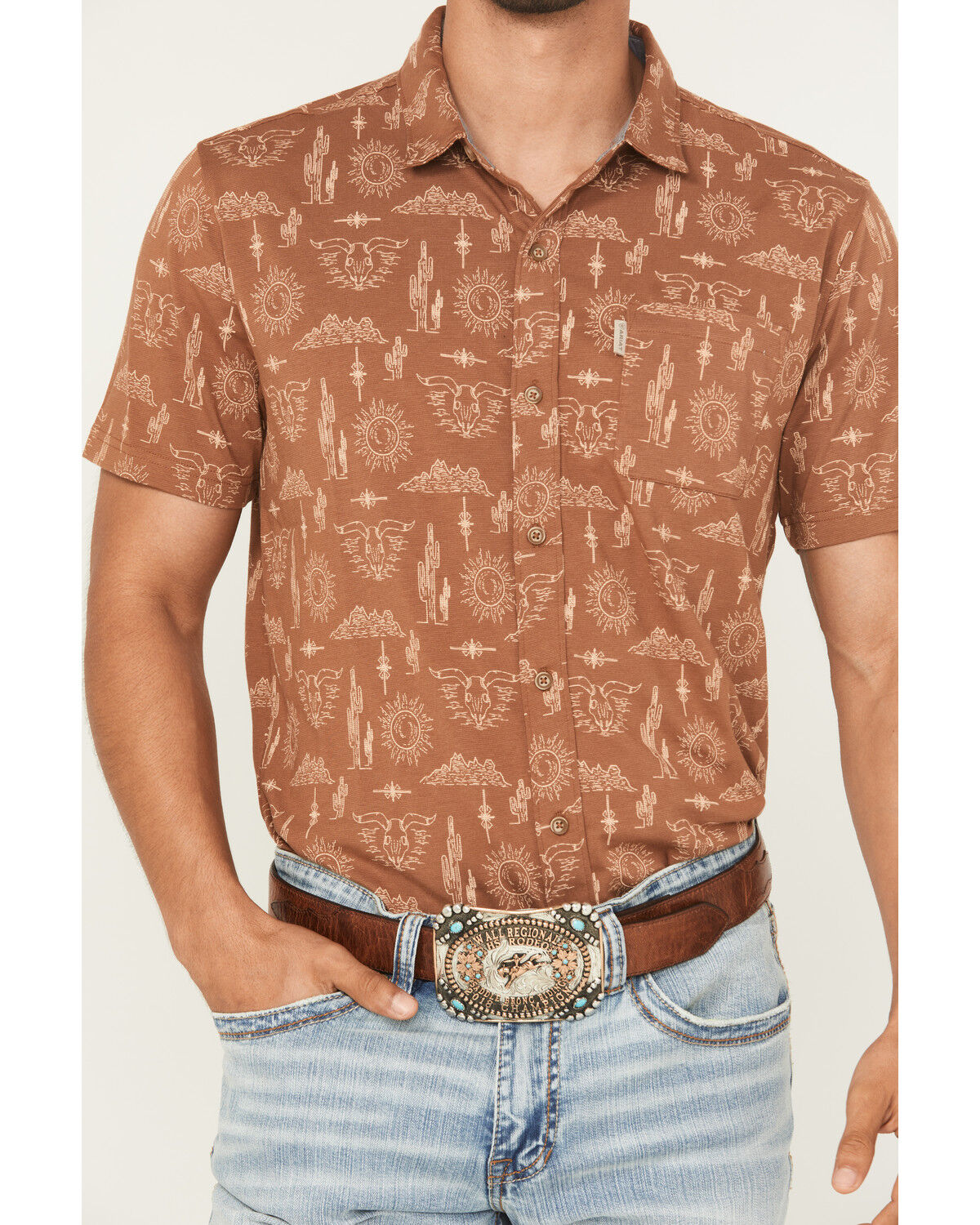 Image #3 - Ariat Men's Retro Desert Print Short Sleeve Button-Down Stretch Western Shirt, Coffee, hi-res