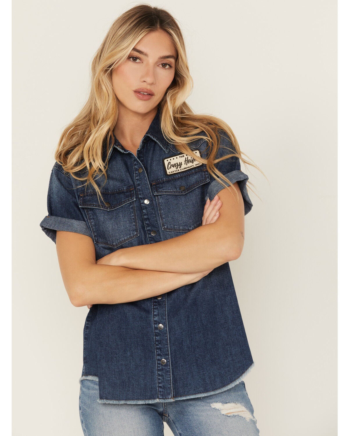Idyllwind Women's Ellwood Dark Wash Short Sleeve Denim Shirt, Dark Wash, hi-res