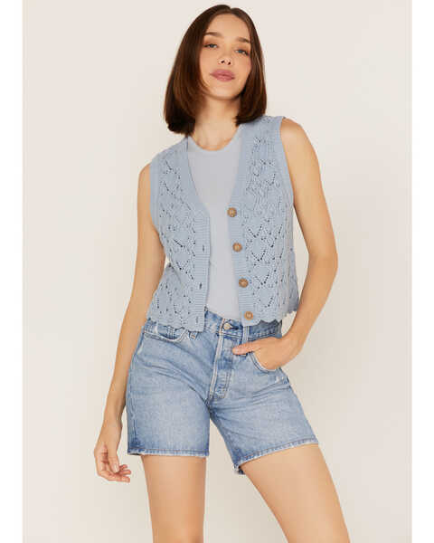Image #1 - Cleo + Wolf Women's Cropped Knit Sweater Vest, Steel Blue, hi-res