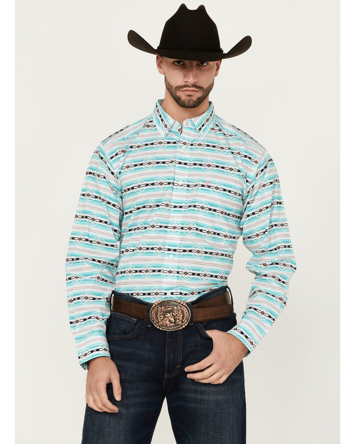 Image #1 - Ariat Men's Jefferson Southwestern Striped Long Sleeve Button-Down Western Shirt - Big, Turquoise, hi-res