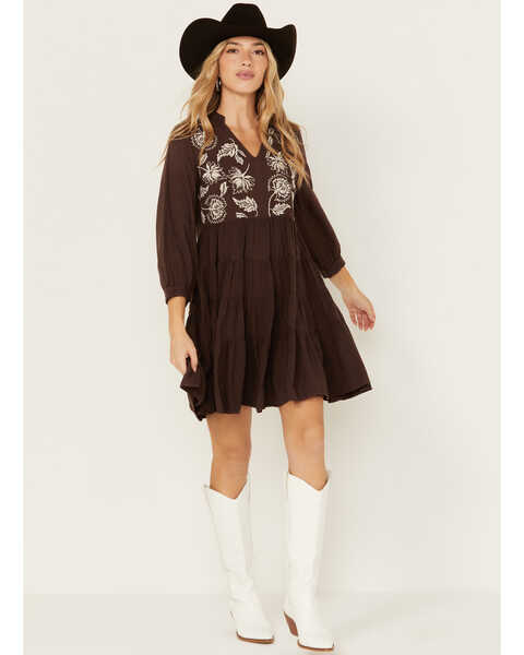 Image #1 - Stetson Women's Floral Embroidered Long Sleeve Tiered Mini Dress , Brown, hi-res