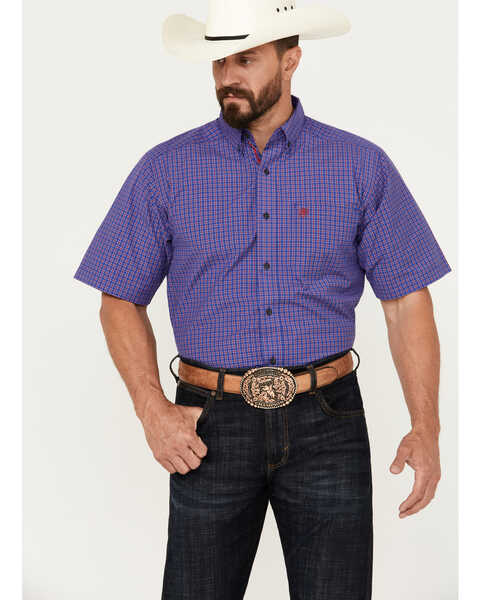 Ariat Men's Jameson Plaid Print Button-Down Short Sleeve Western Shirt, Dark Blue, hi-res