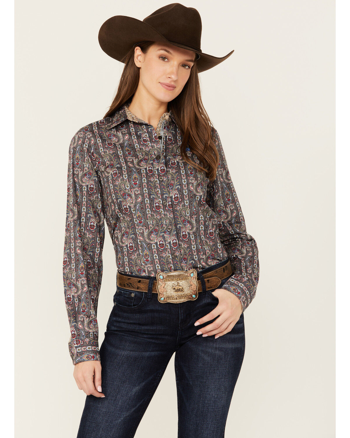 Image #1 - Cinch Women's Paisley Print Long Sleeve Button-Down Western Core Shirt, Grey, hi-res