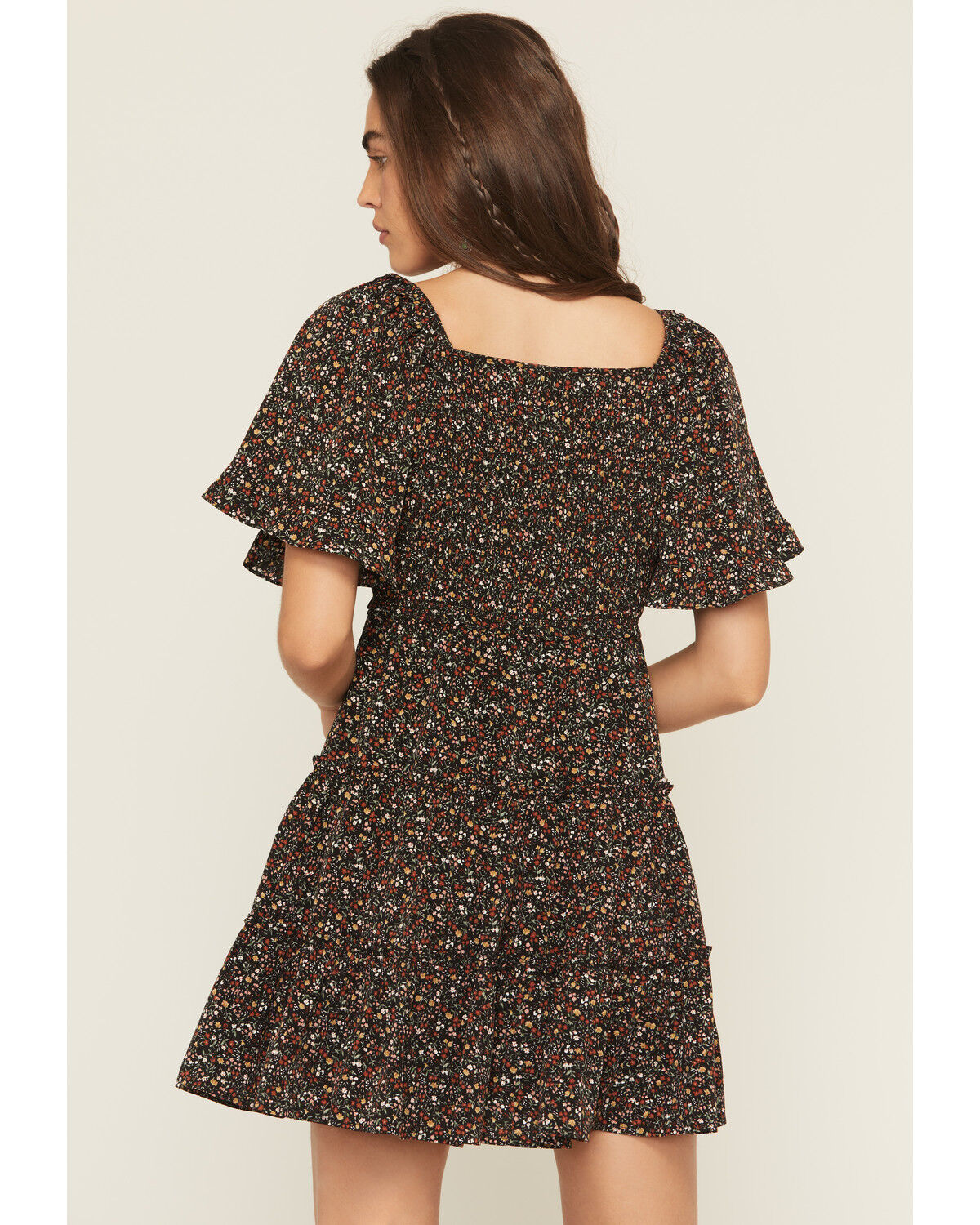 Image #4 - Yura Women's Floral Print Short Sleeve Smocked Mini Dress, Black, hi-res