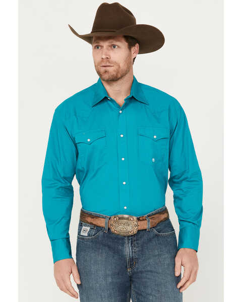 Roper Men's Amarillo Solid Long Sleeve Stretch Pearl Snap Western Shirt, Teal, hi-res