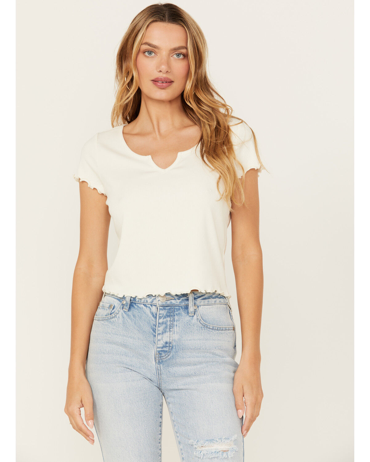 Image #2 - Cleo + Wolf Women's Ribbed Baby Tee, Cream, hi-res