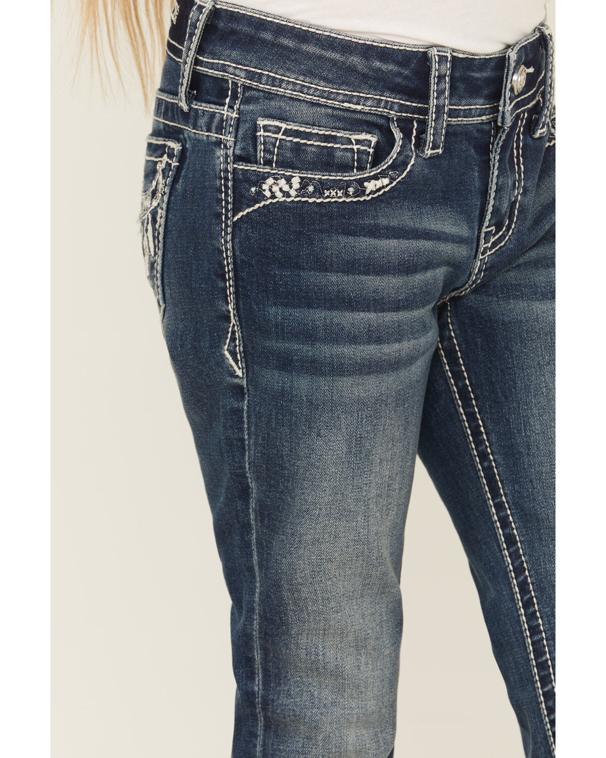 Image #4 - Grace in LA Girls' Dark Wash Steer Head Pocket Bootcut Denim Jeans, Medium Wash, hi-res