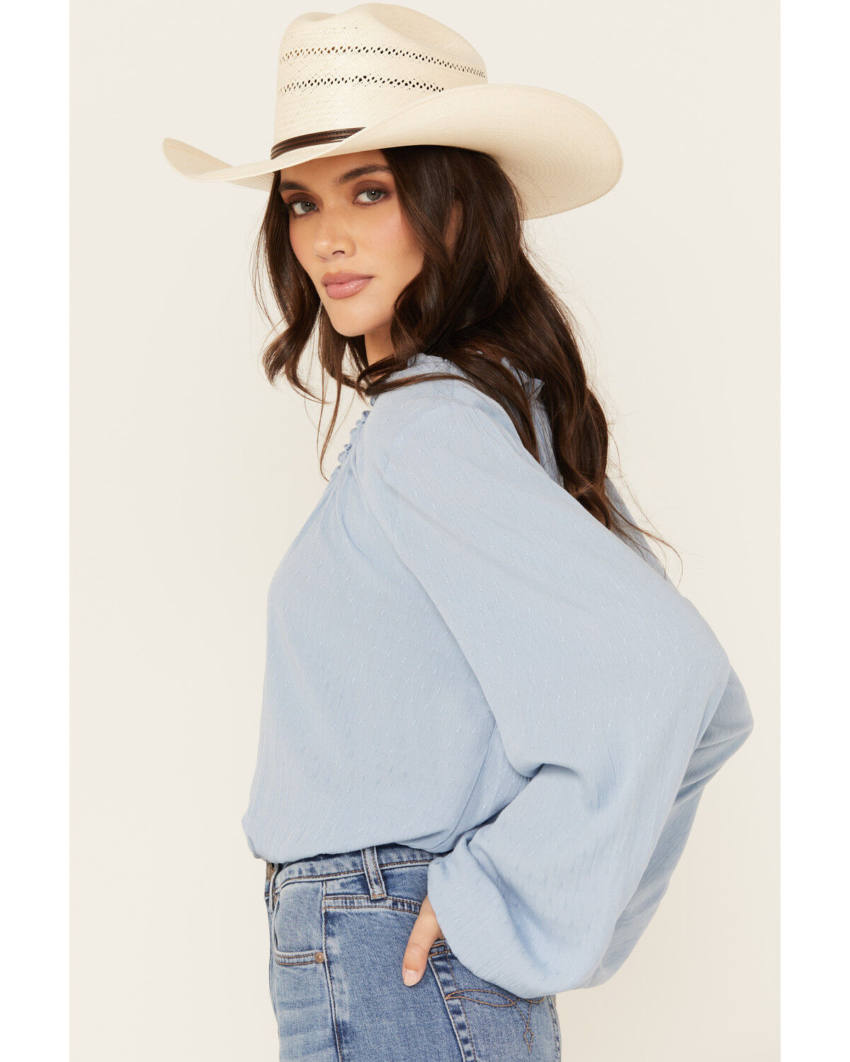 Image #3 - Wild Moss Women's Tie-Front Long Sleeve Top, Light Blue, hi-res