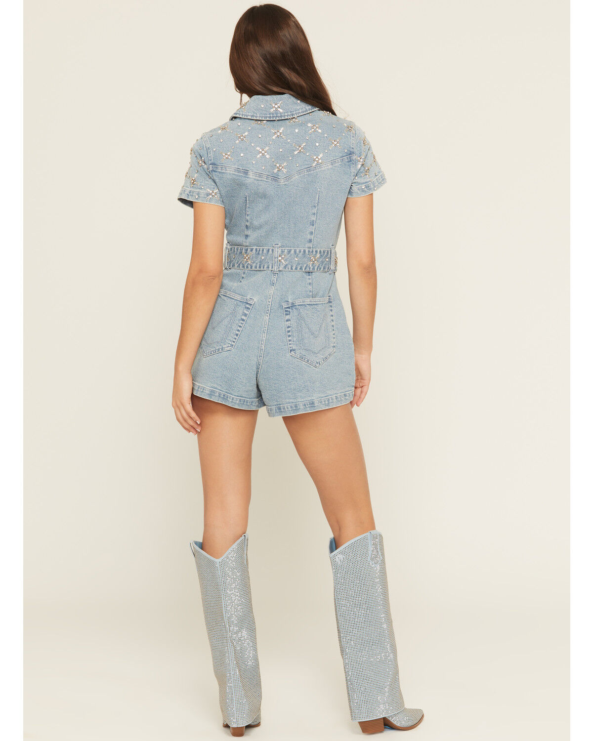 Image #4 - Show Me Your Mumu Women's Medium Wash Dolly Embellished Short Sleeve Denim Romper, Medium Wash, hi-res