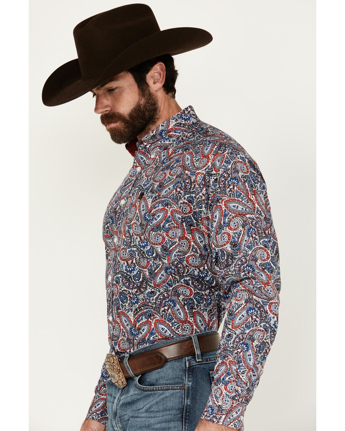 Image #3 - Cinch Men's Exploded Paisley Print Long Sleeve Button-Down Western Shirt, Red/white/blue, hi-res