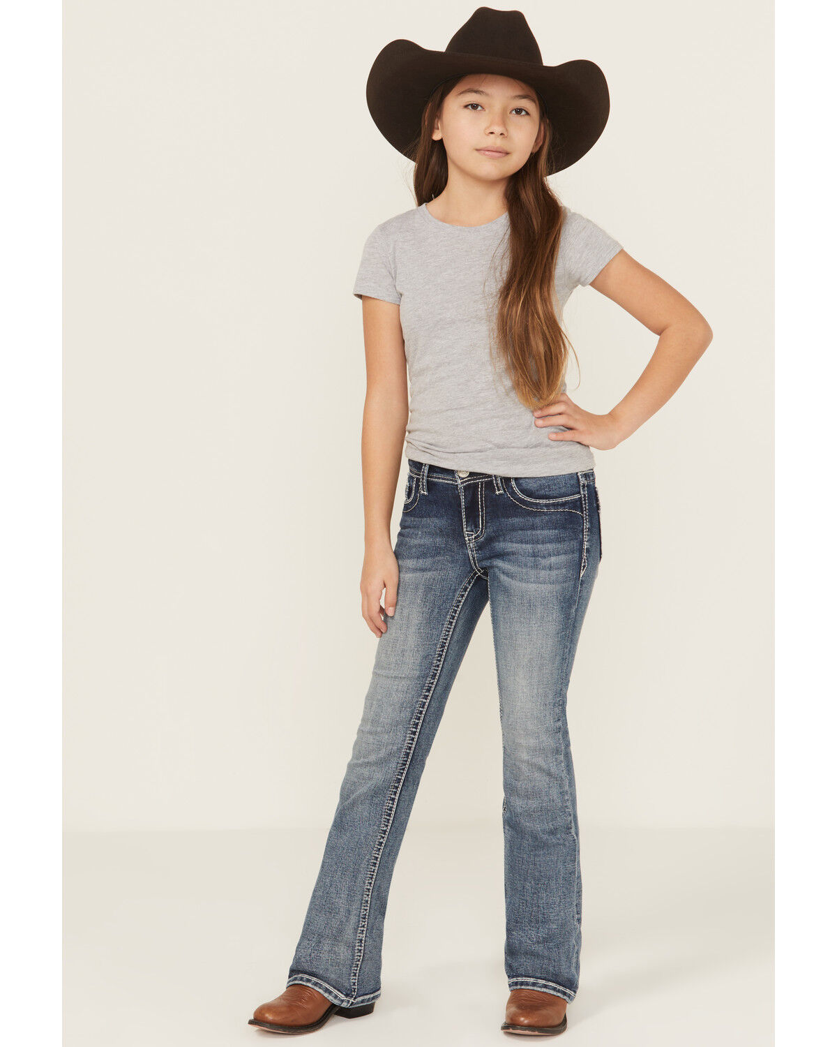 Image #3 - Grace In LA Girls' Medium Wash Floral Embroidered Faux Flap Pocket Bootcut Stretch Denim Jeans, Blue, hi-res