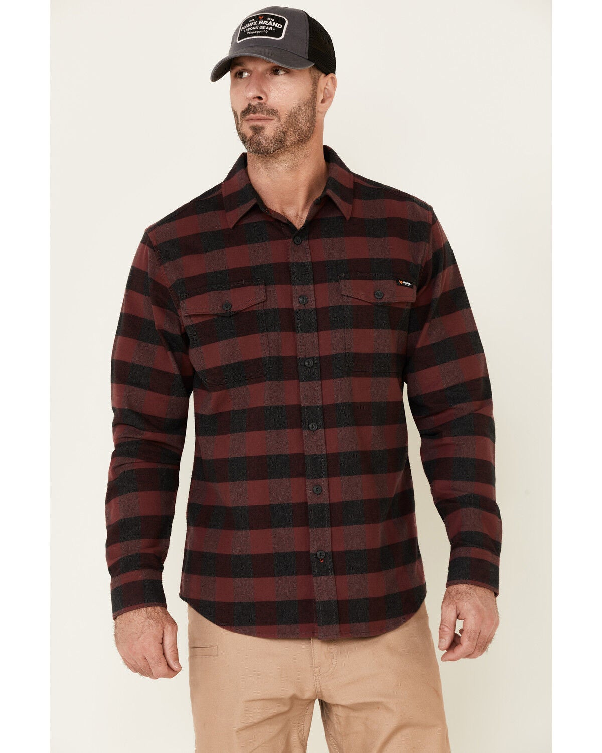 Hawx Men's Dark Red Harris Stretch Plaid Flannel Long Sleeve Button Down Work Shirt, Dark Red, hi-res