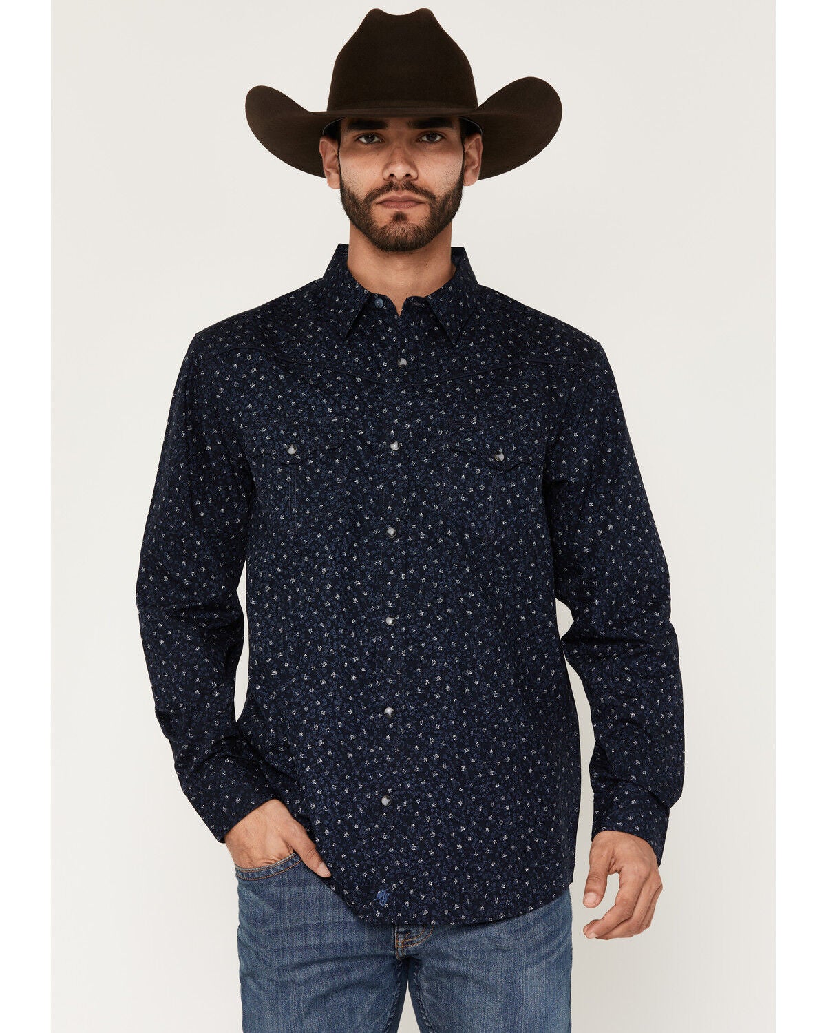 Moonshine Spirit&reg; Men's Wrangler Micro Floral Long Sleeve Snap Western Shirt, Navy, hi-res