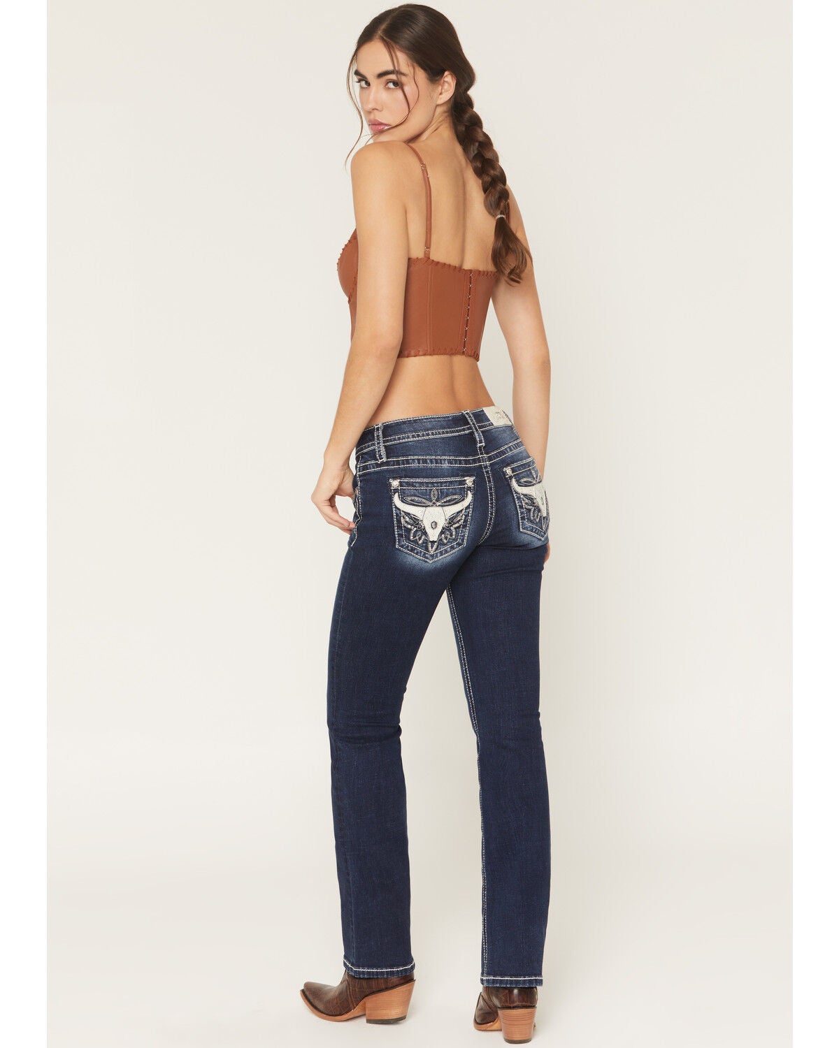 Image #1 - Miss Me Women's Dark Wash Mid Rise Steerhead Pocket 32" Bootcut Stretch Denim Jeans, Dark Wash, hi-res