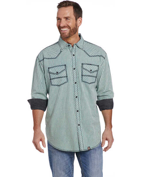 Cowboy Up Men's Vintage Wash Plaid Long Sleeve Western Shirt, Green, hi-res