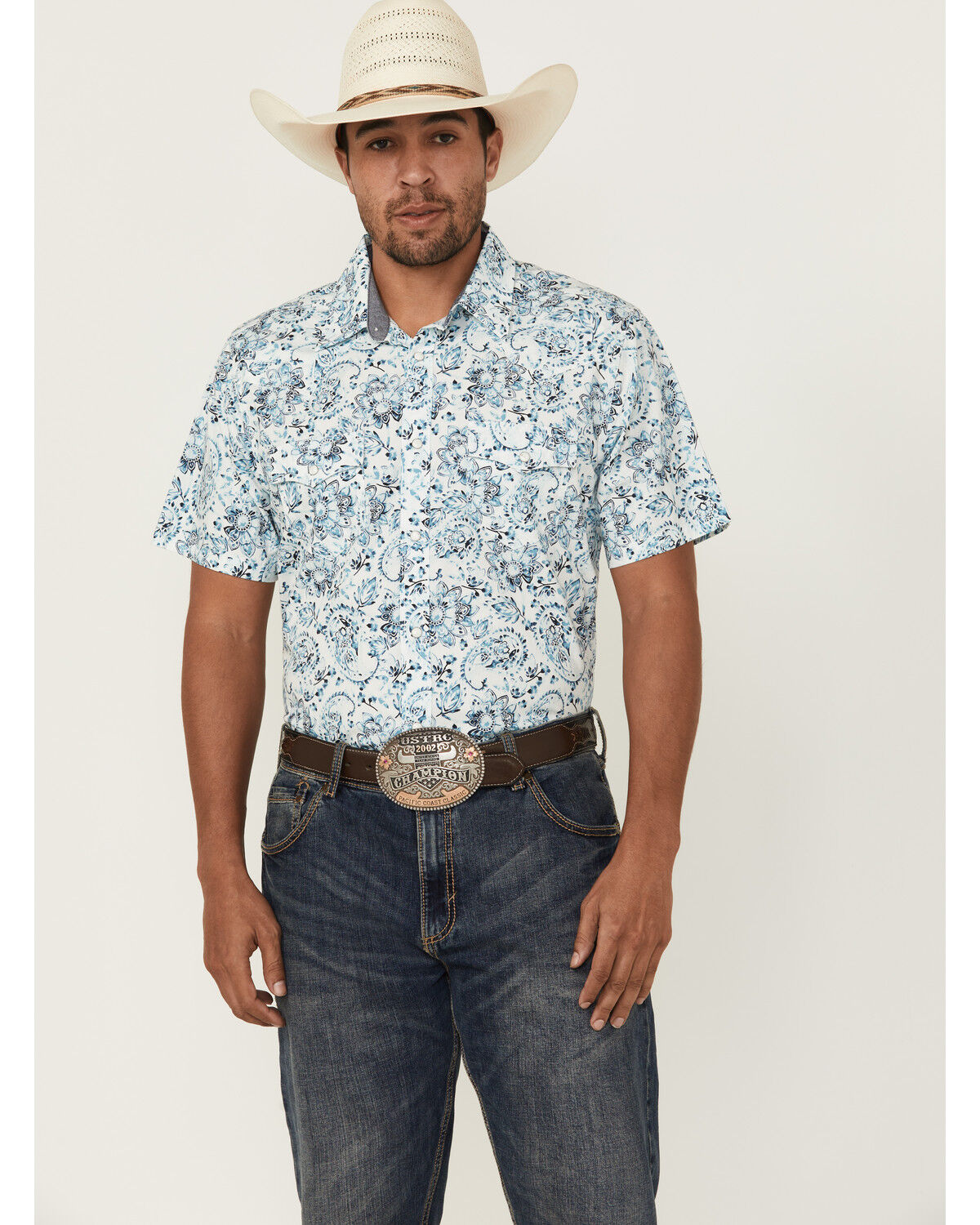 Image #1 - Cody James Men's Frontier Threads Floral Paisley Print Short Sleeve Snap Western Shirt, White, hi-res