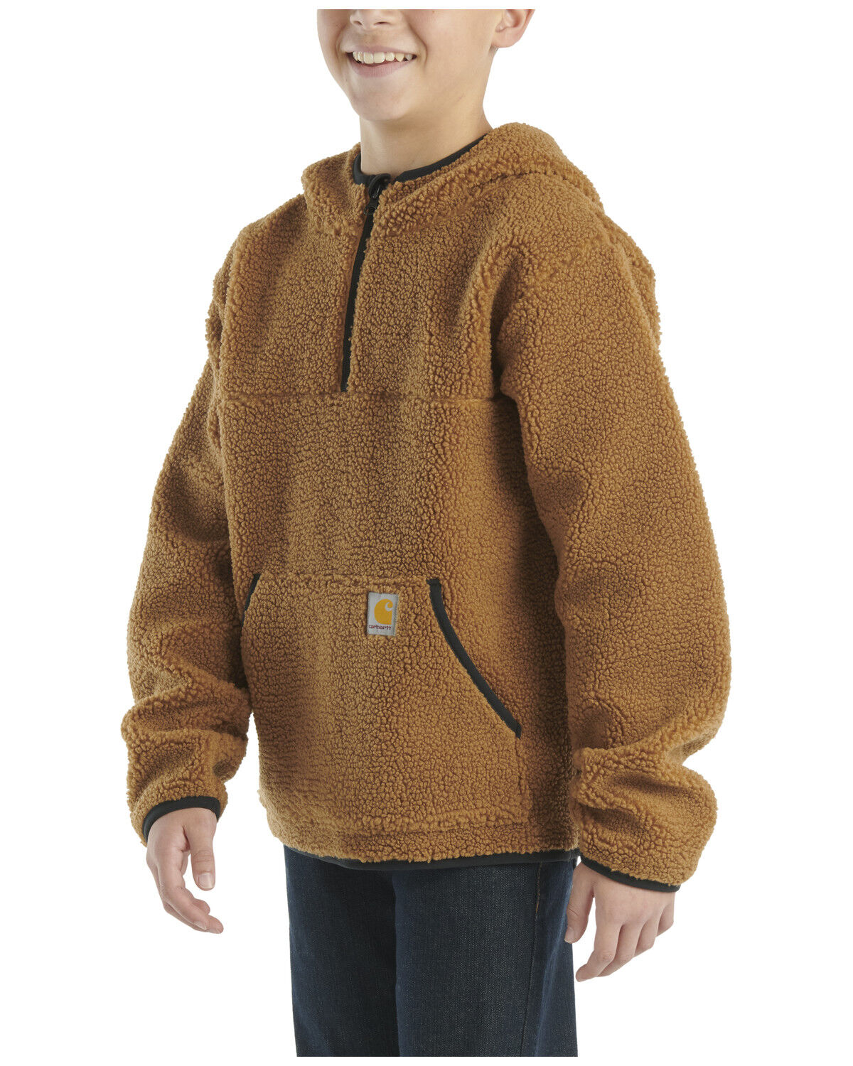 Image #1 - Carhartt Little Boys' Half Zip Sherpa Hooded Pullover, Brown, hi-res