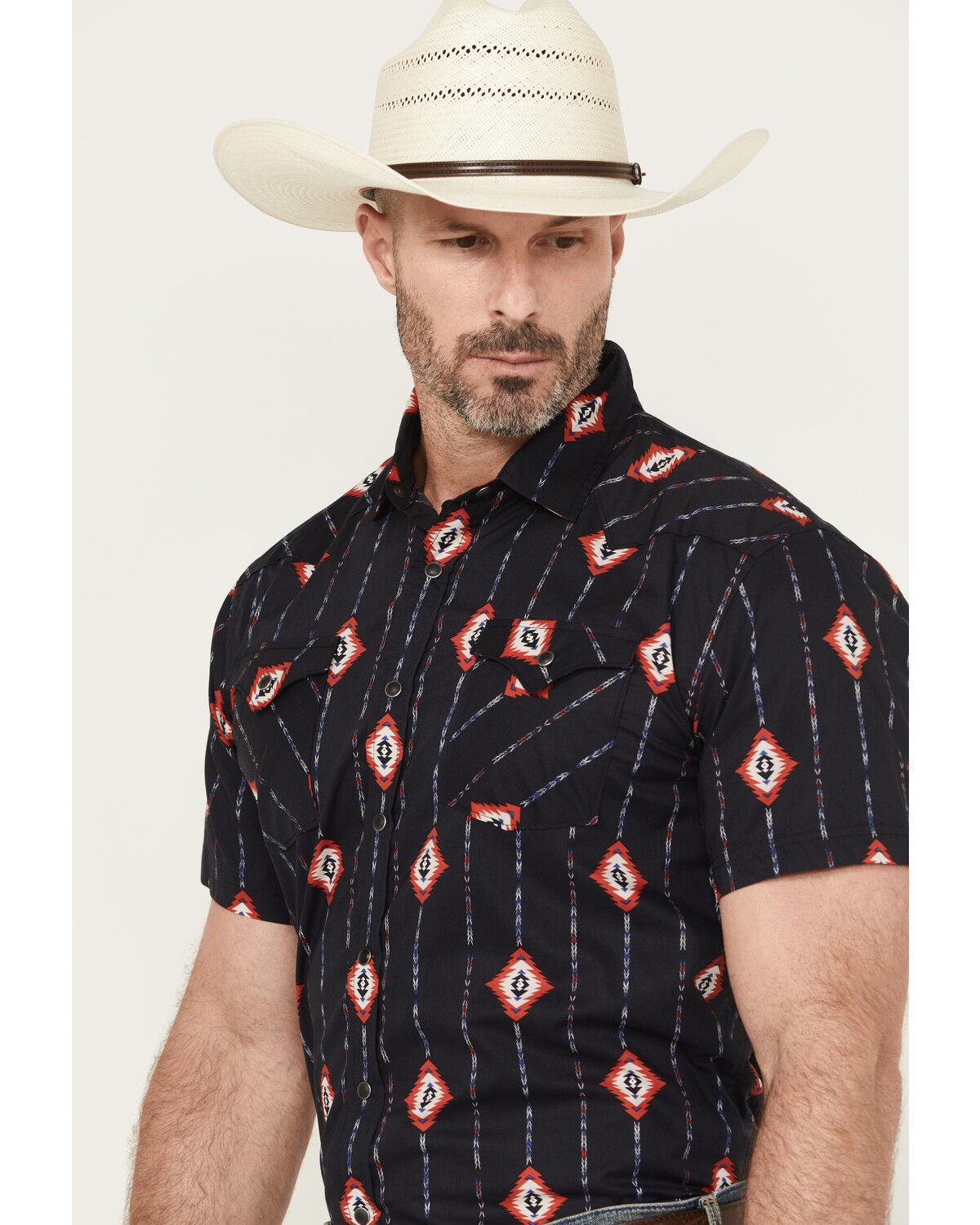 Image #2 - Panhandle Men's Geo Print Short Sleeve Snap Western Shirt, Black, hi-res
