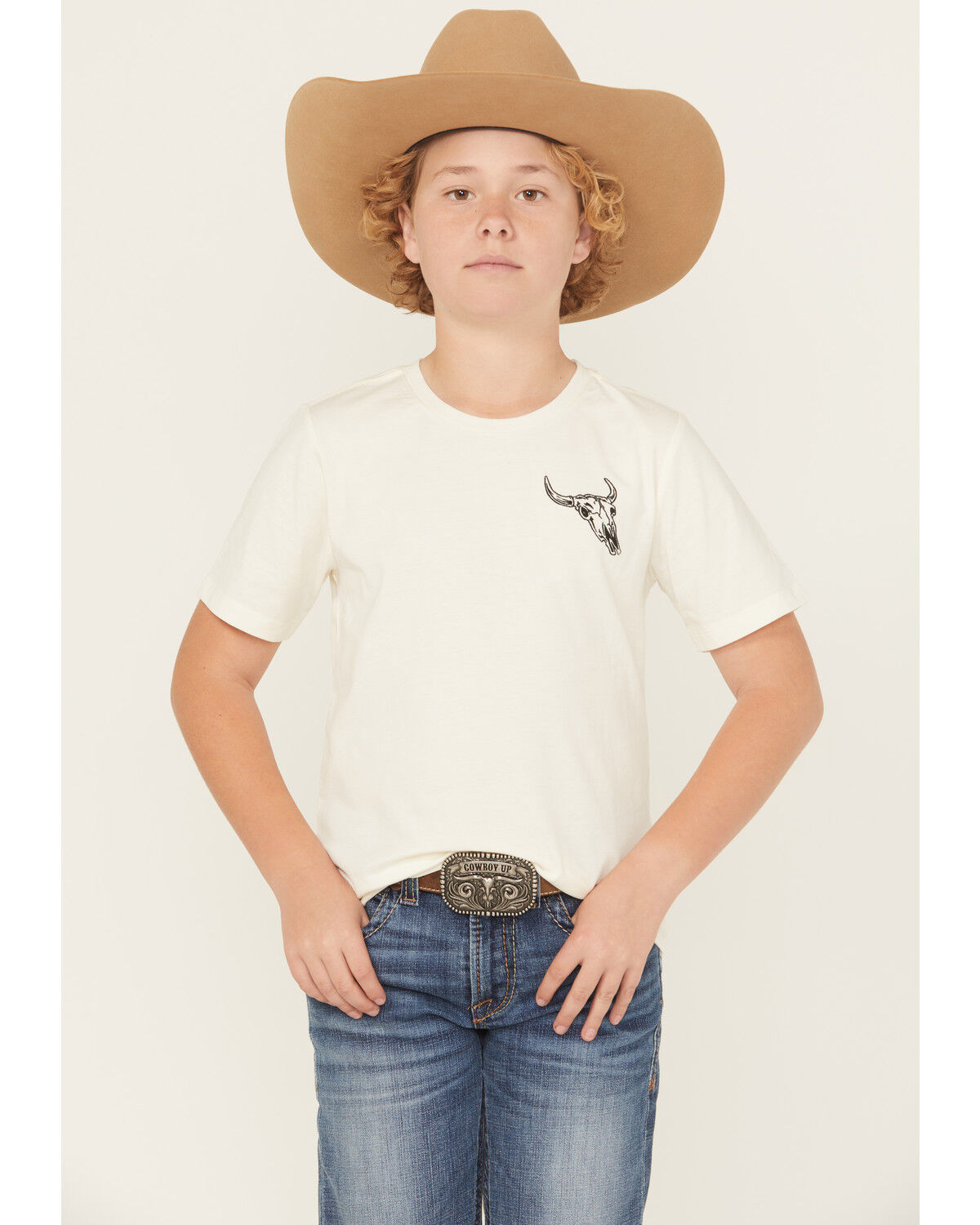 Image #1 - Sable Sky Boys' Cow Skull Short Sleeve Graphic T-Shirt, Tan, hi-res