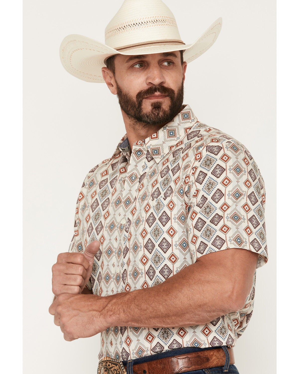 Image #2 - RANK 45&reg; Men's Amarillo Geo Print Short Sleeve Button-Down Stretch Western Shirt, Cream, hi-res