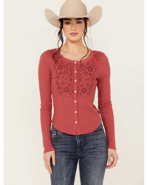 Image #1 - Wrangler Women's Embroidered Long Sleeve Snap Shirt , Light Red, hi-res