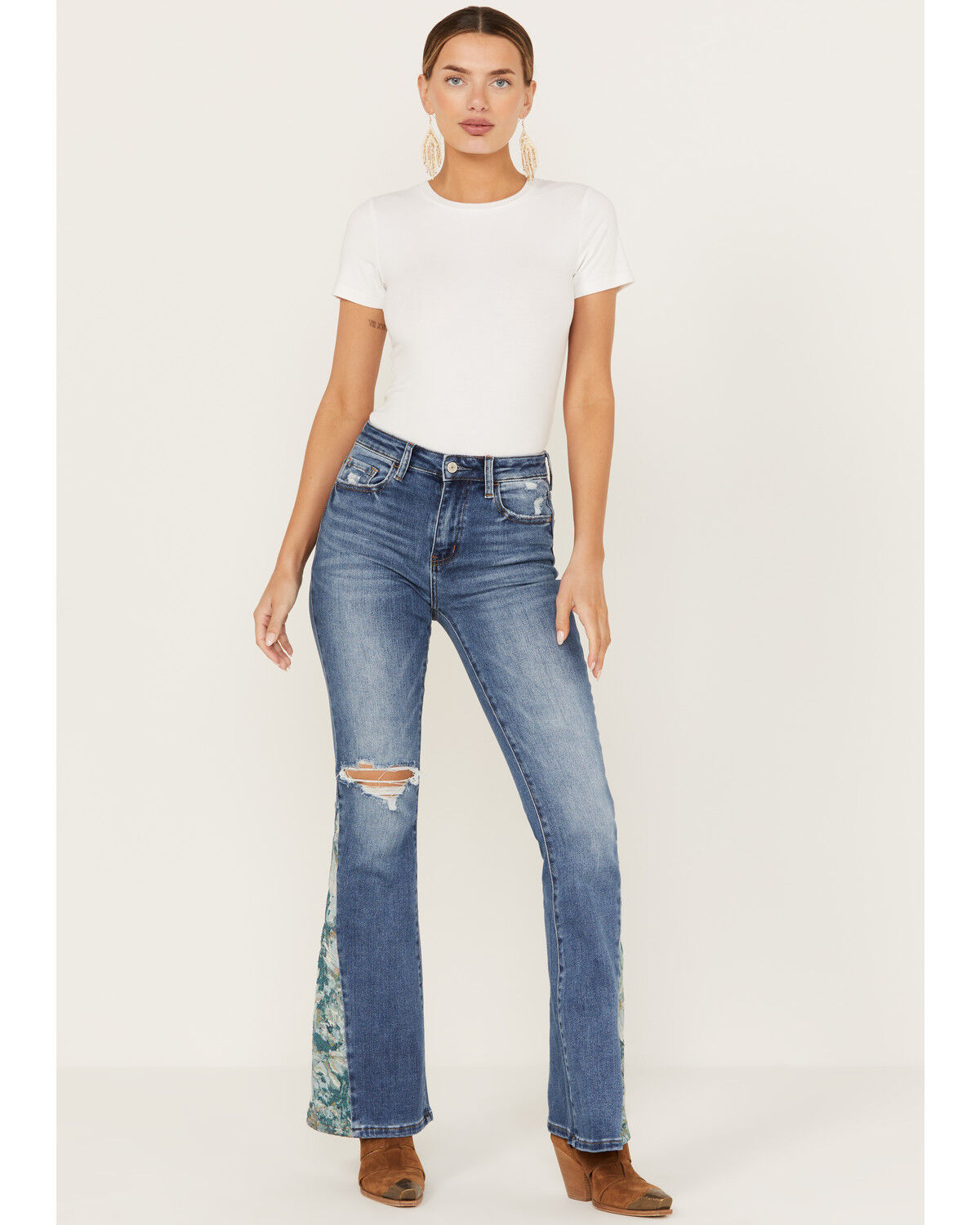 Image #1 - Vervet Women's Pound Medium Wash High Rise Floral Flare Jeans, Medium Wash, hi-res