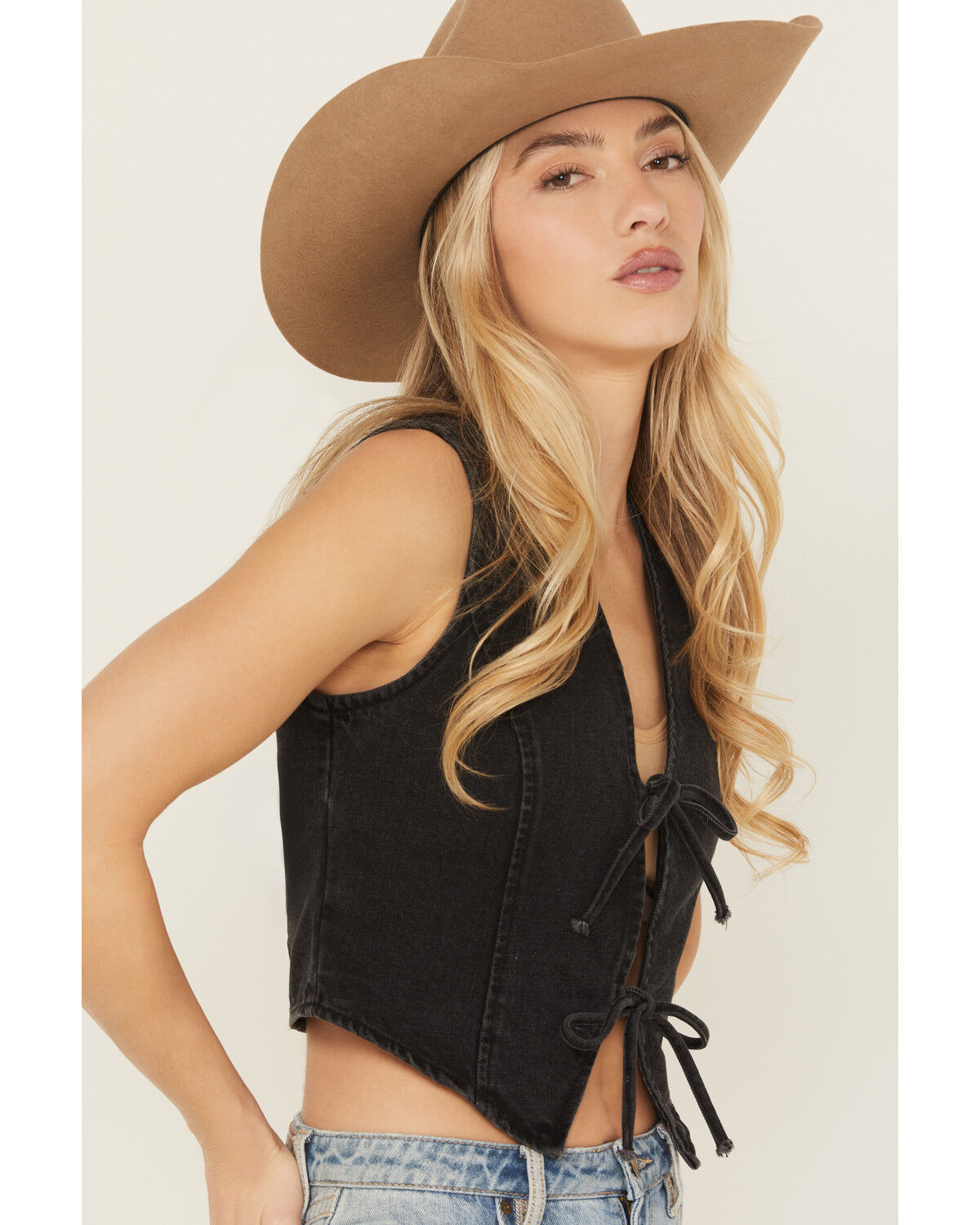 Image #2 - Ashley Vintage Charm by 26 International Women's Bow Tie Denim Vest, Black, hi-res