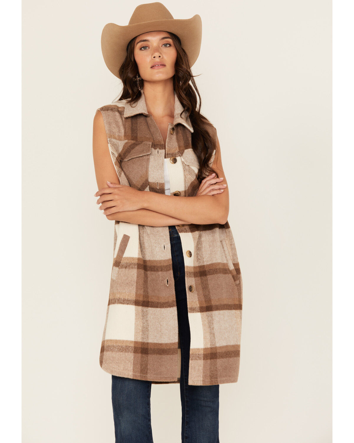Image #1 - 26 International Women's Plaid Print Long Vest, Brown, hi-res