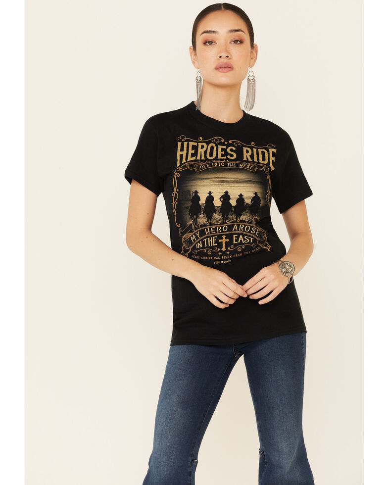 Kerusso Women's Heroes Ride Off Into The West Graphic Short Sleeve Tee , Black, hi-res