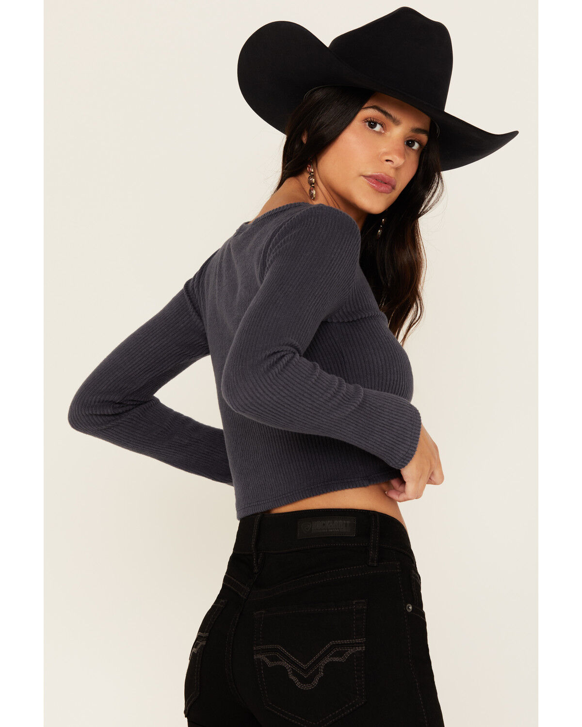 Image #4 - Originality Women's Solid Rib Knit Long Sleeve Cropped Shirt, Navy, hi-res