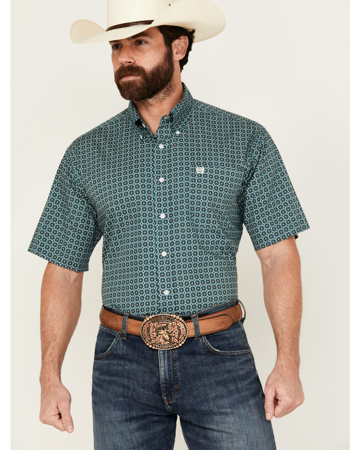 Image #1 - Cinch Men's Geo Print Short Sleeve Button-Down Western Shirt, Teal, hi-res
