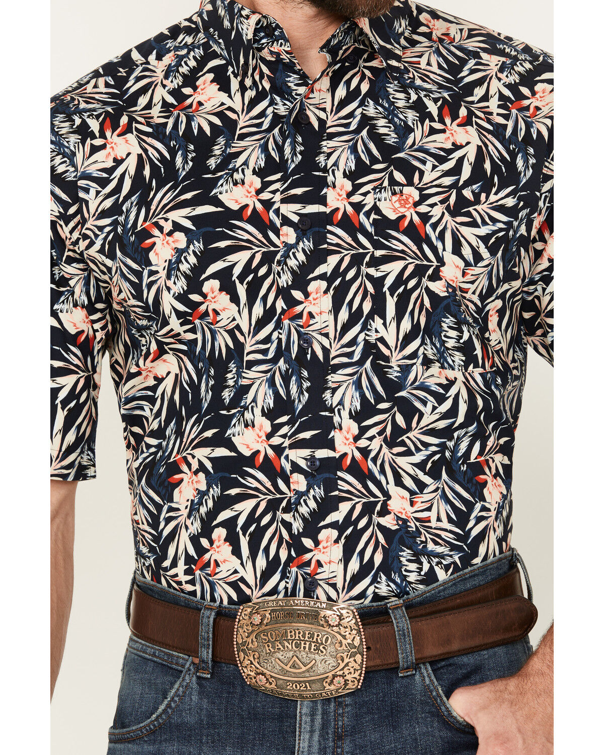 Image #3 - Ariat Men's Omer Print Fitted Short Sleeve Button-Down Western Shirt, Dark Blue, hi-res