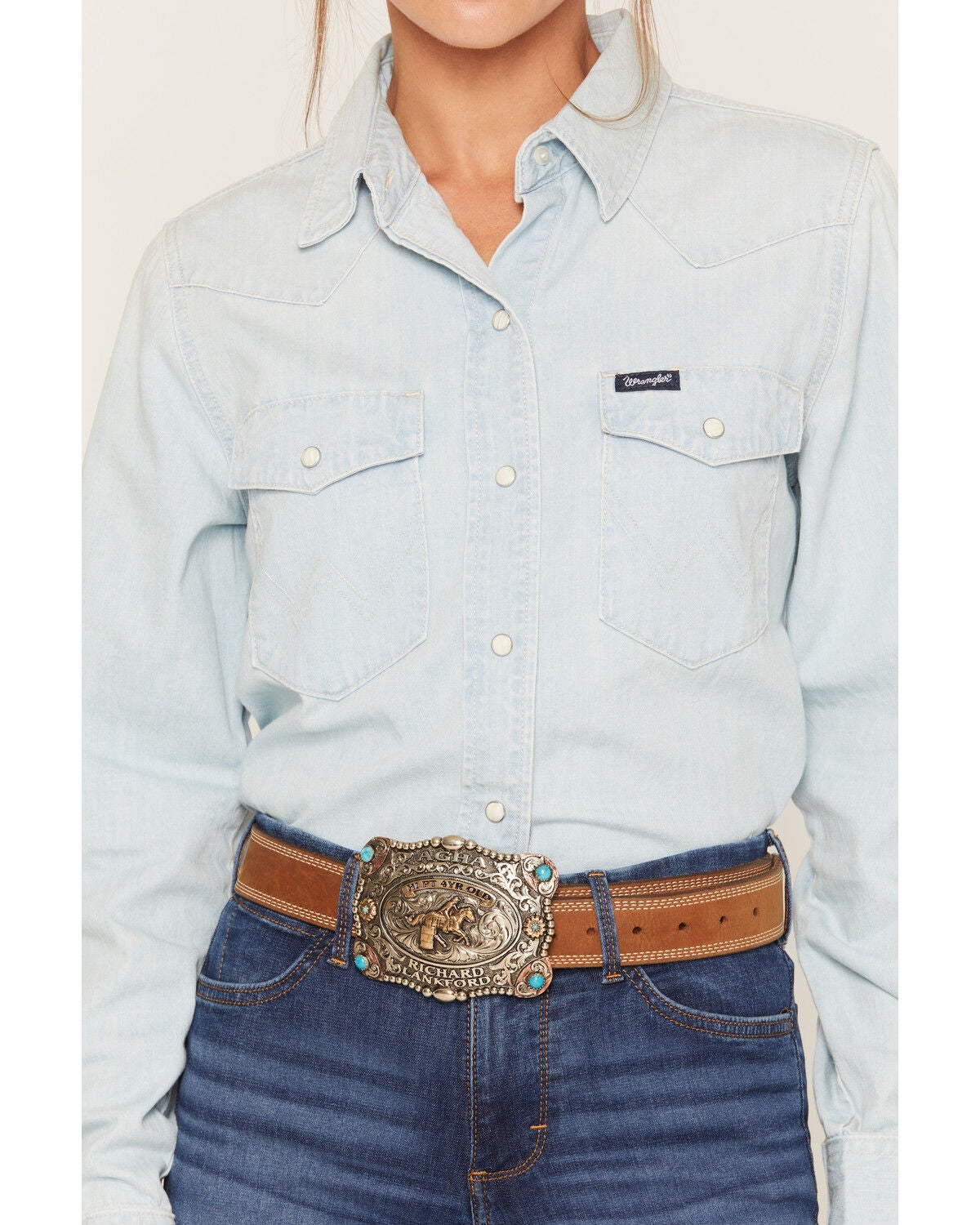 Image #3 - Wrangler Women's Light Wash Long Sleeve Snap Denim Western Shirt, Light Blue, hi-res