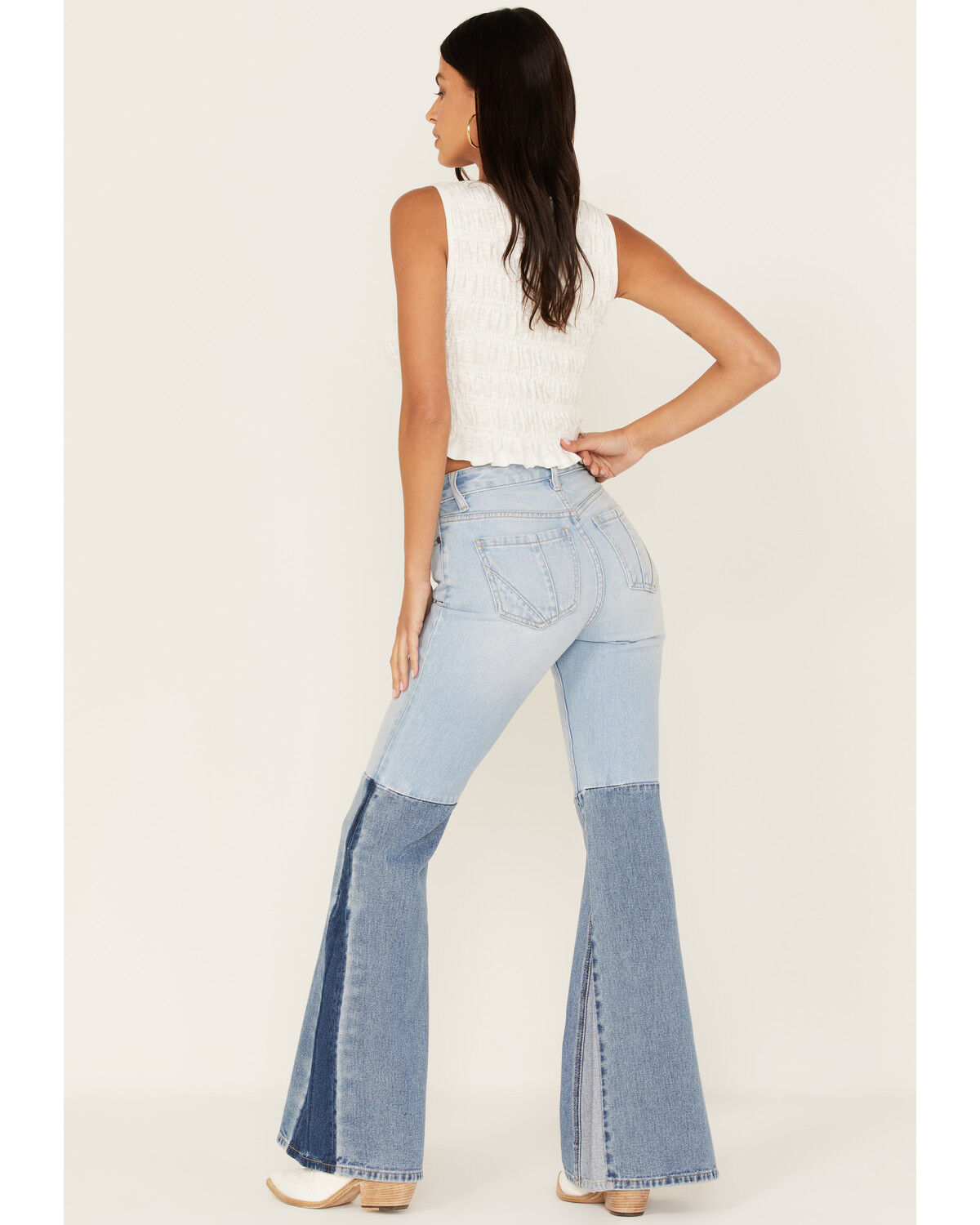 Image #4 - Shyanne Women's Two Tone Seamed Light Wash High Rise Flare Jeans, Dark Wash, hi-res