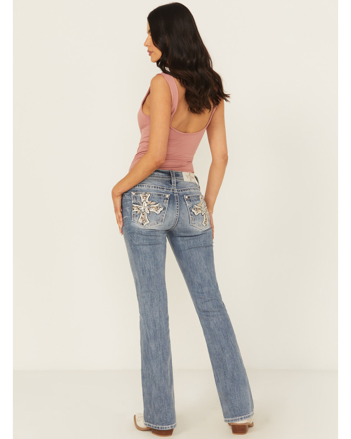 Image #1 - Miss Me Women's Dark Wash Mid Rise Floral Cross Pocket Stretch Denim Jeans, Dark Wash, hi-res