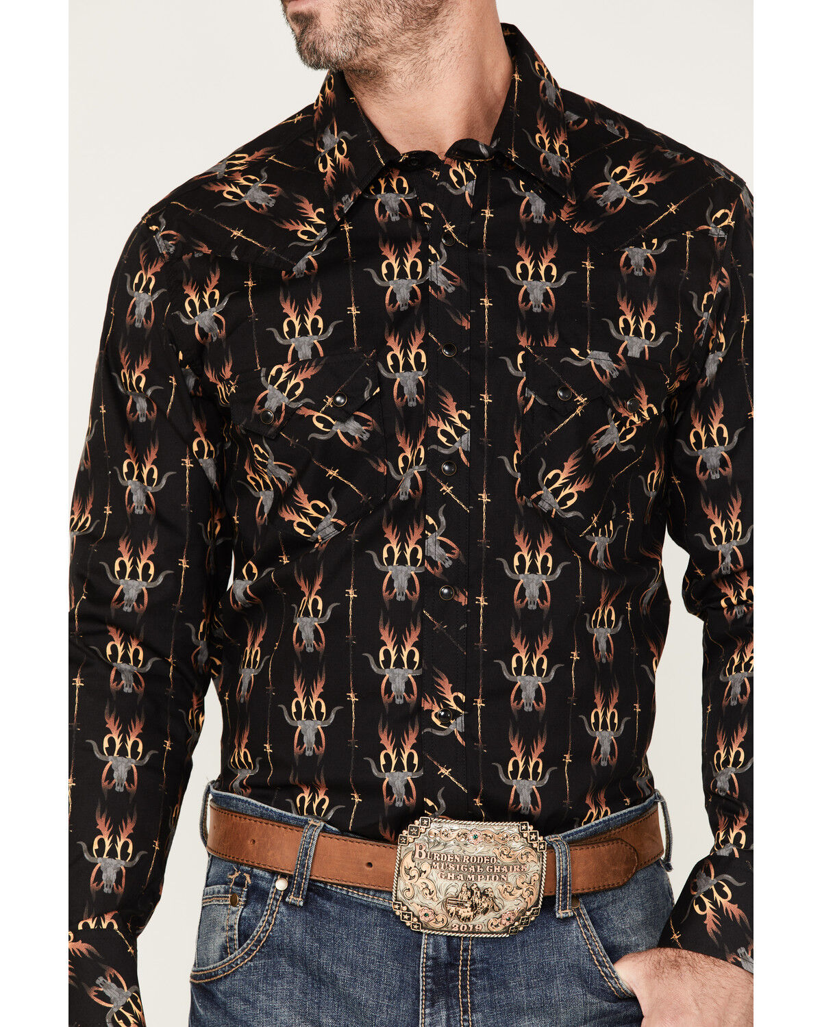 Image #3 - Dale Brisby Men's Stretch Antler Bull Skull Print Western Shirt, Black, hi-res