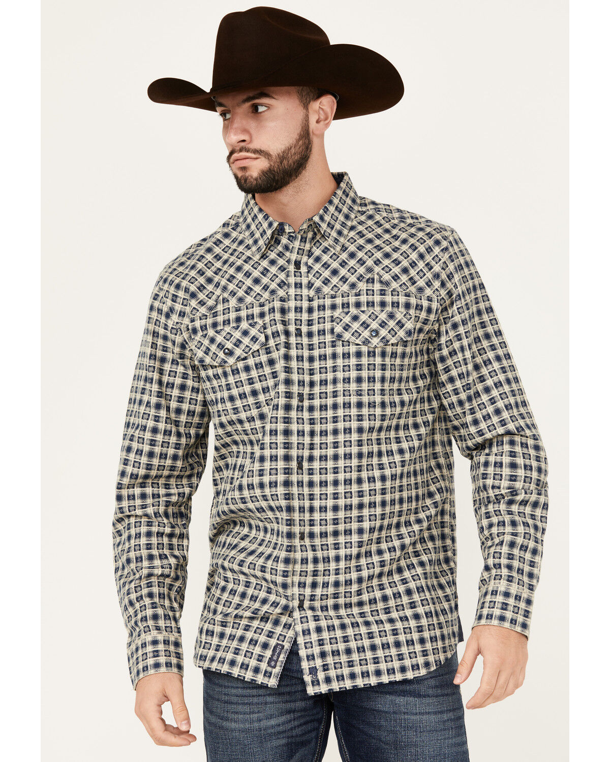 Image #1 - Moonshine Spirit Men's Durango Plaid Print Long Sleeve Snap Western Shirt, Navy, hi-res