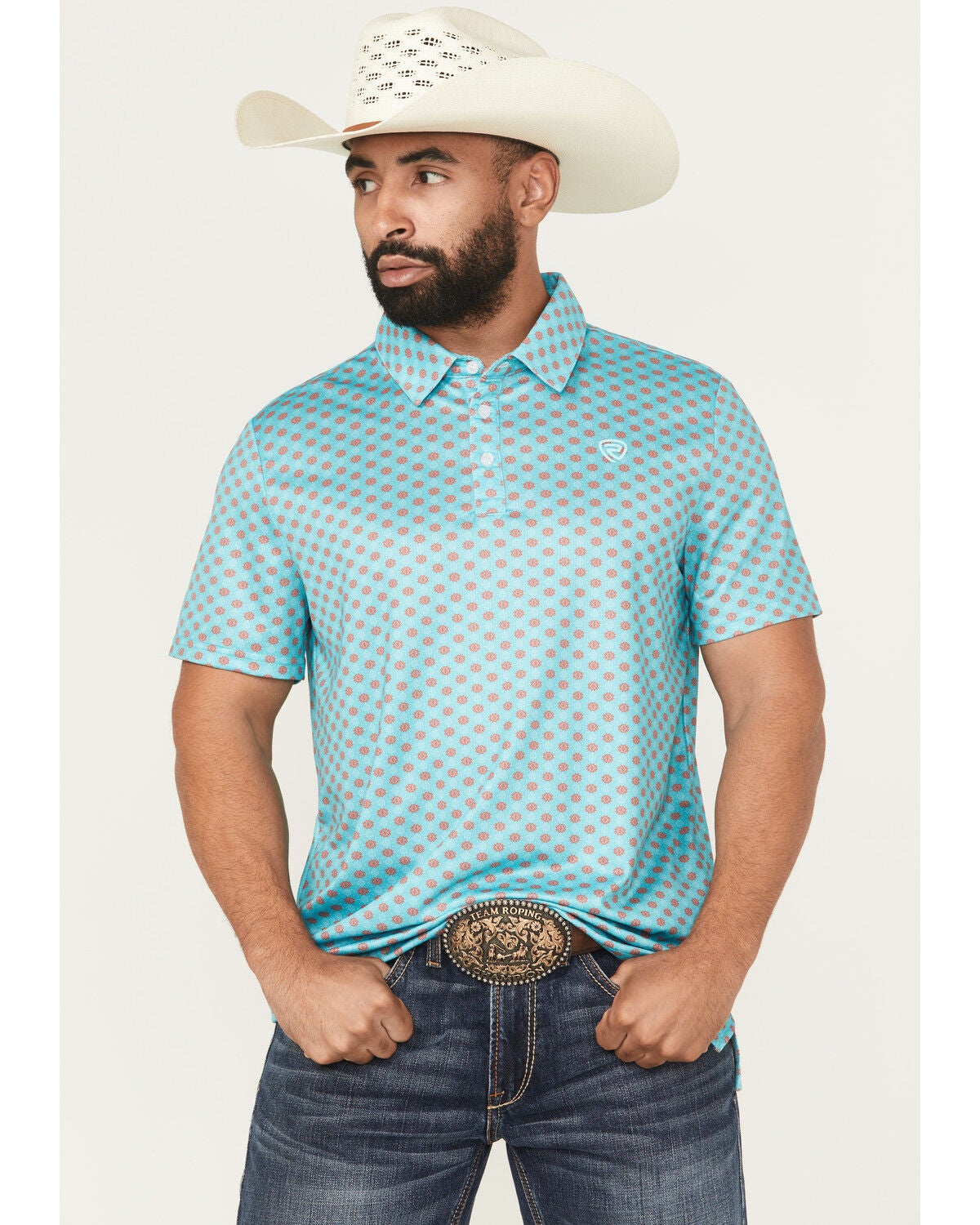 Rock & Roll Denim Men's Geo Print Short Sleeve Button-Down Stretch Polo Shirt, Teal, hi-res