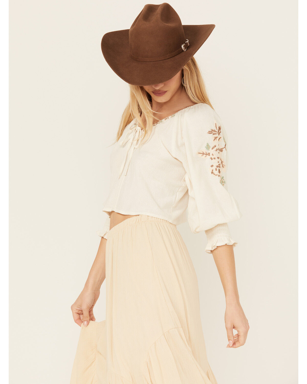 Image #2 - Shyanne Women's Embellished Tie Front Peasant Top, Cream, hi-res