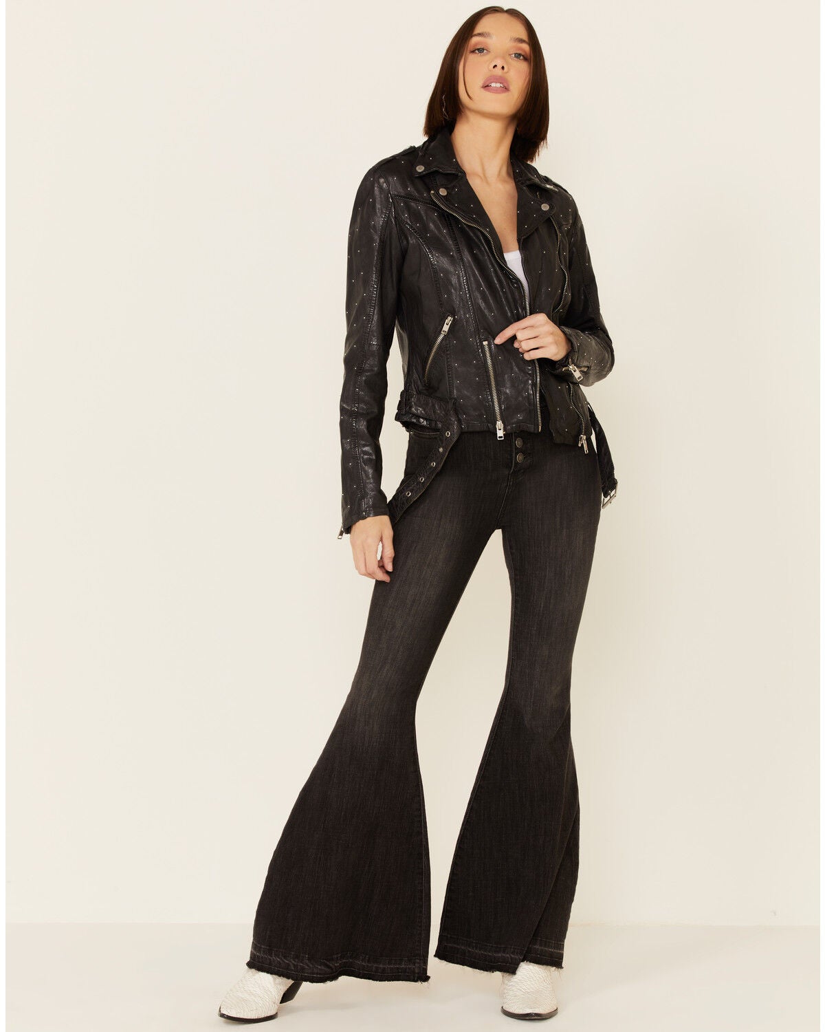 Image #2 - Mauritius Leather Women's Grey Saddy Studded Leather Moto Jacket , , hi-res