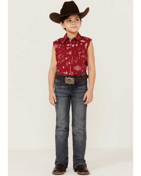 Rank 45 Girls' Southwestern Print Sleeveless Shirt, Red, hi-res
