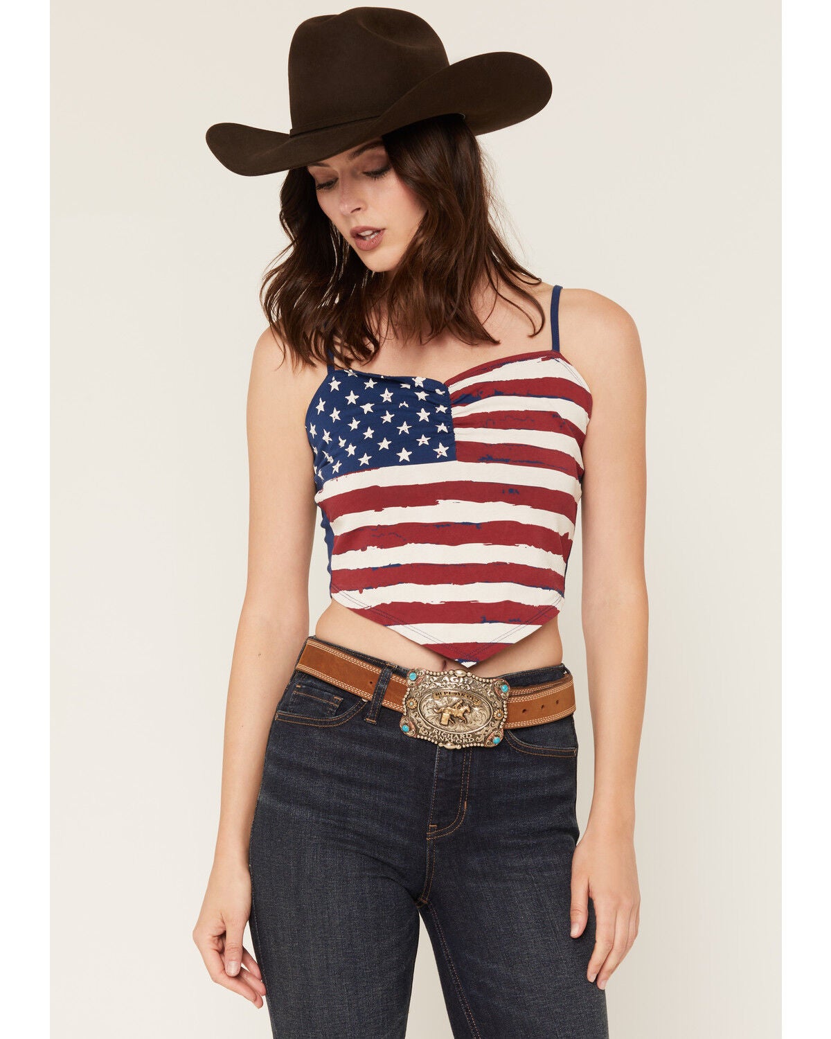Image #1 - Shyanne Women's Stars And Stripes Sleeveless Cropped Tank Top, Red/white/blue, hi-res