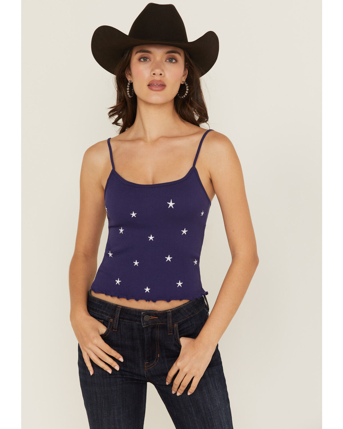 Image #1 - Fornia Women's Star Embroidered Sleeveless Cropped Tank Top, Navy, hi-res