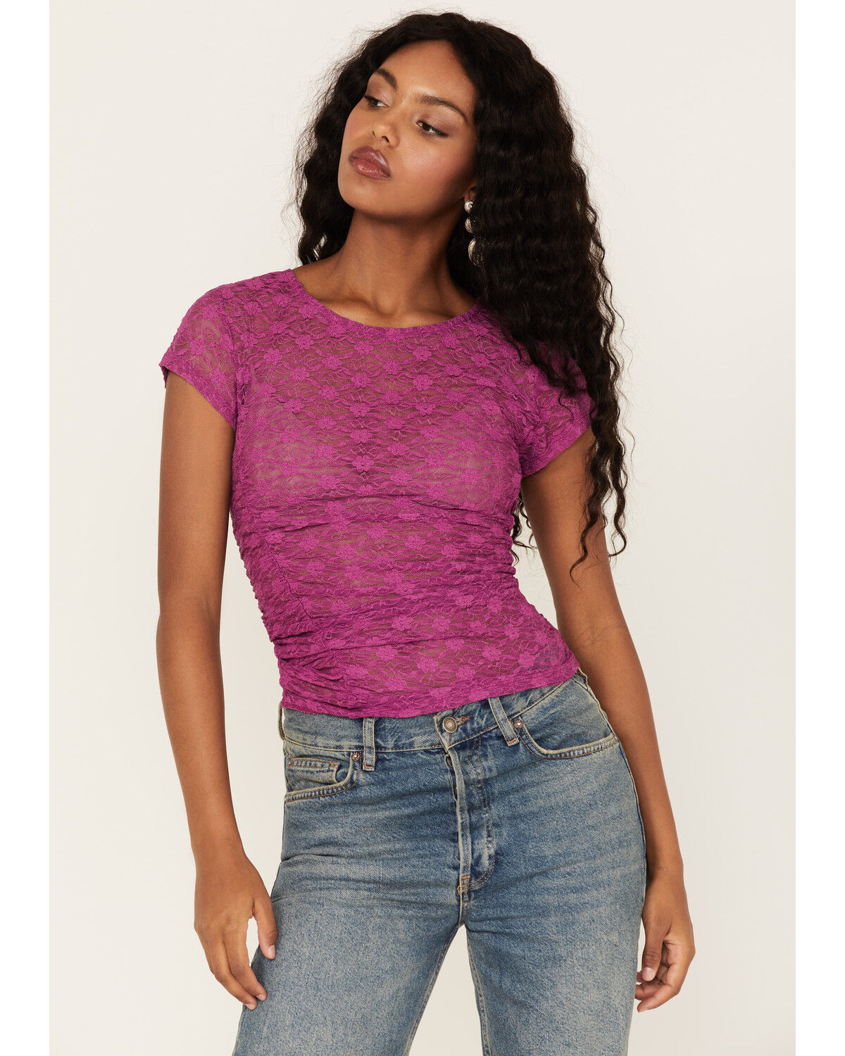 Image #1 - Free People Women's Keep It Simple Lace Short Sleeve Top, Magenta, hi-res