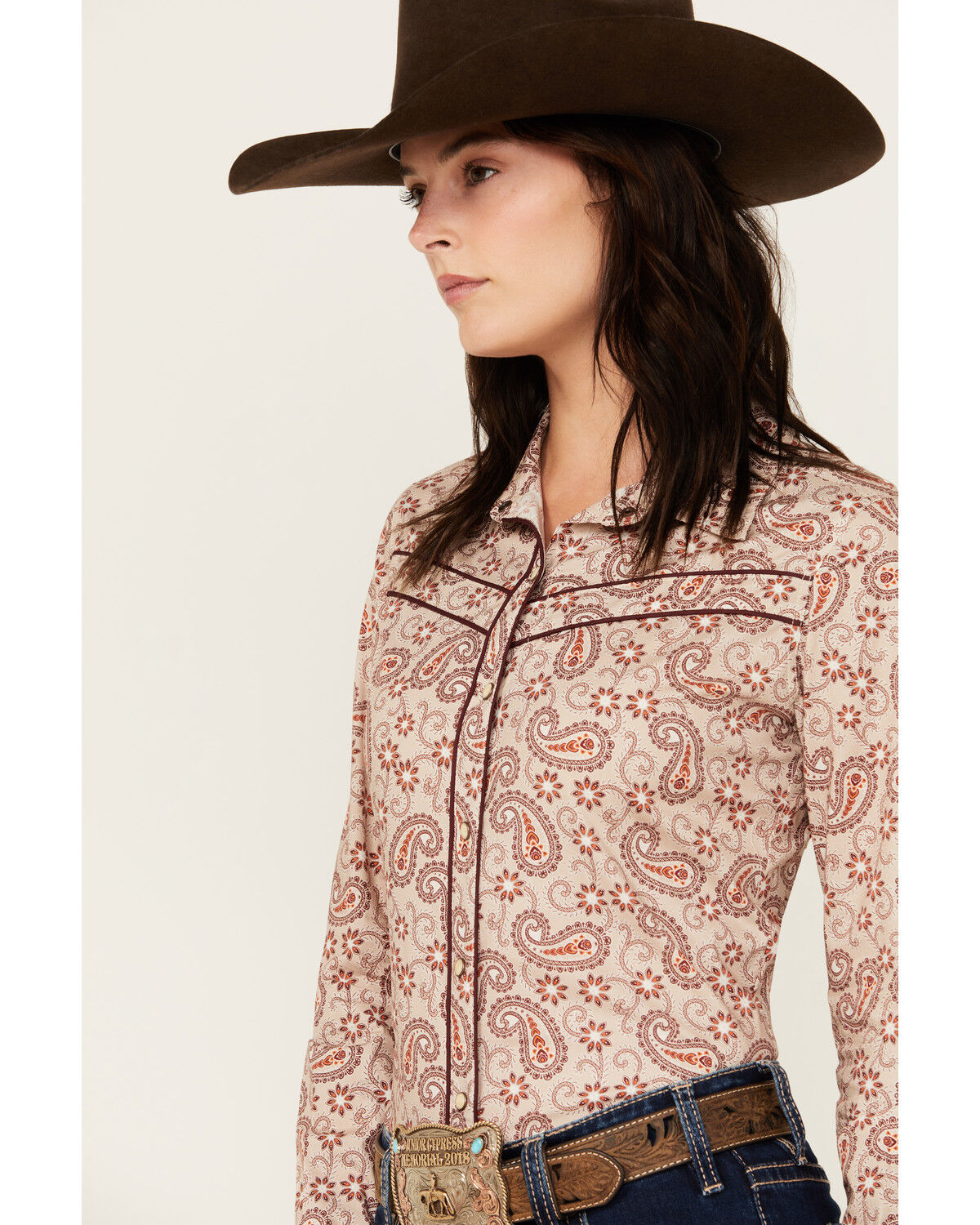 Image #2 - Rock & Roll Denim Women's Paisley Print Double Piping Long Sleeve Snap Western Shirt, Red, hi-res
