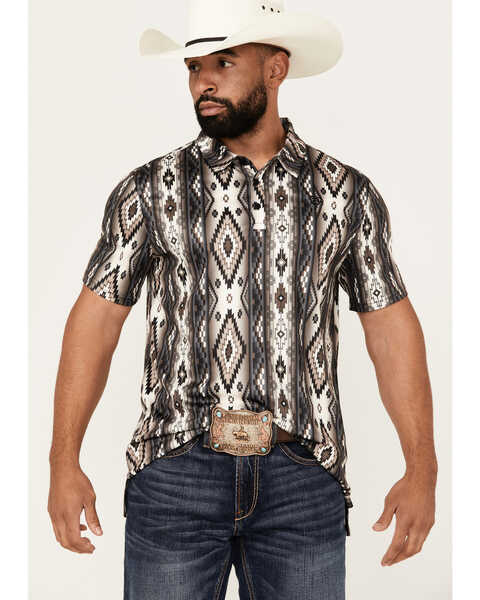 Rock & Roll Denim Men's Southwestern Print Short Sleeve Polo Shirt , Natural, hi-res