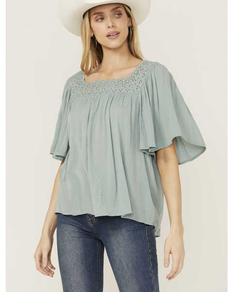 Band Of The Free Women's Solid Short Sleeve Ruffle Blouse , Blue, hi-res